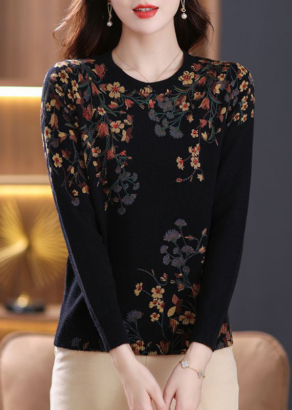 Haut en laine noir à col rond et imprimé zircon pour femme, printemps TB014