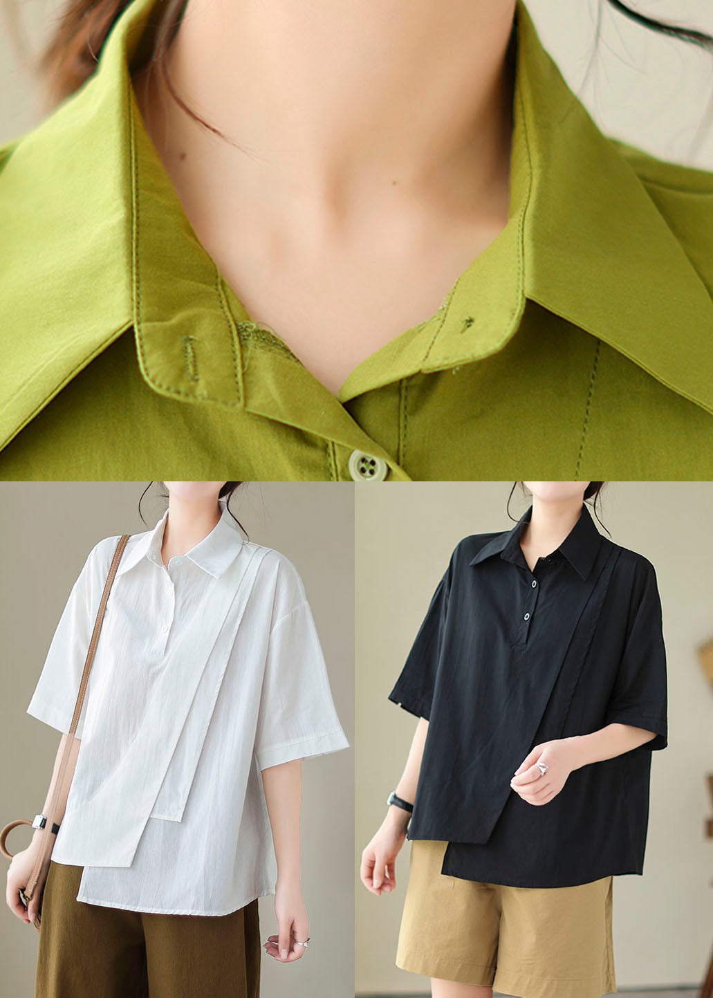 Collar Cotton Black Women Top Peter Pan Asymmetrical Design