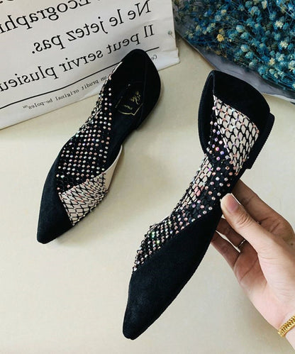 Women Black Pointed Toe Tulle Zircon Flat Shoes For RT1005