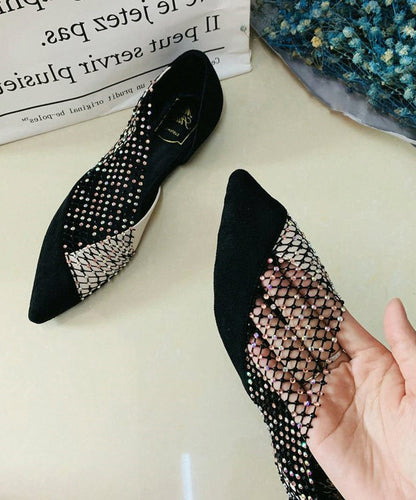 Women Black Pointed Toe Tulle Zircon Flat Shoes For RT1005