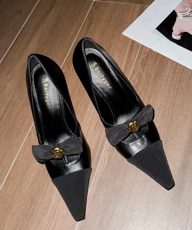 Sequined Black Women High Splicing Bow Heels Sheepskin