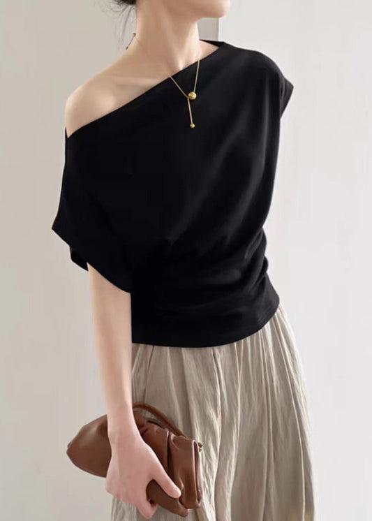 Slash Solid Summer Cotton Black Women Neck Shirt T