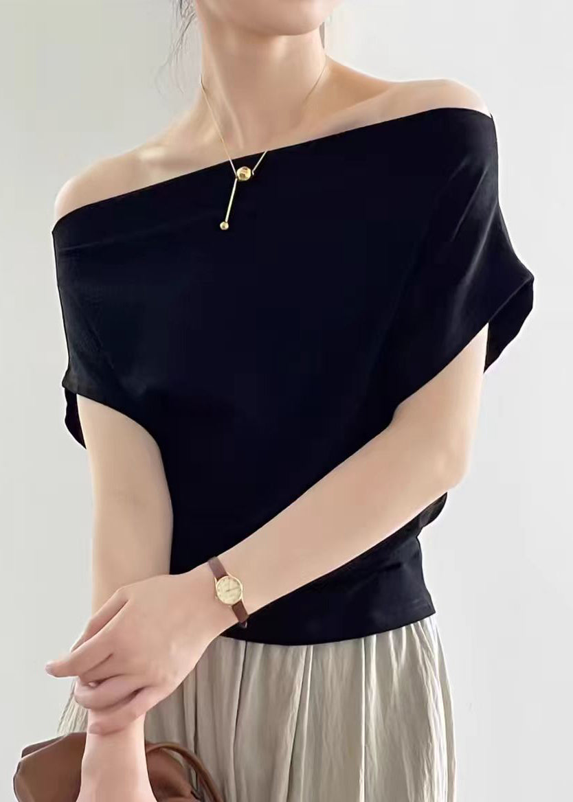 Slash Solid Summer Cotton Black Women Neck Shirt T