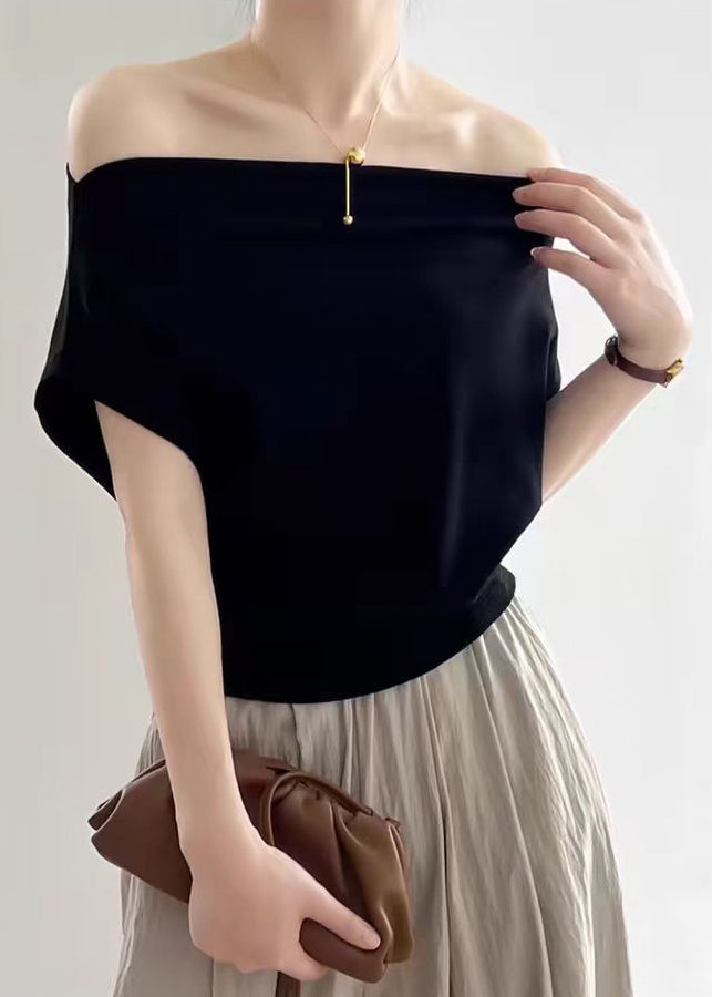 Slash Solid Summer Cotton Black Women Neck Shirt T