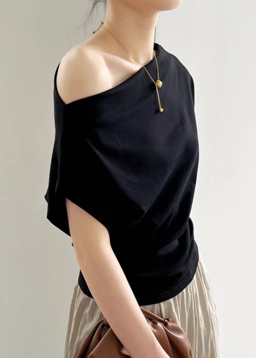 Slash Solid Summer Cotton Black Women Neck Shirt T
