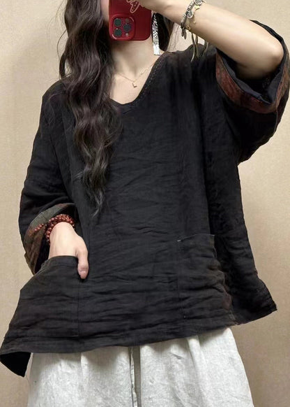 Women Black Solid Pockets Linen Top Bracelet Sleeve GG034