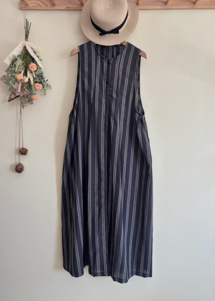 Women Black Striped Tie Waist Long Vest Dress Summer VB1031