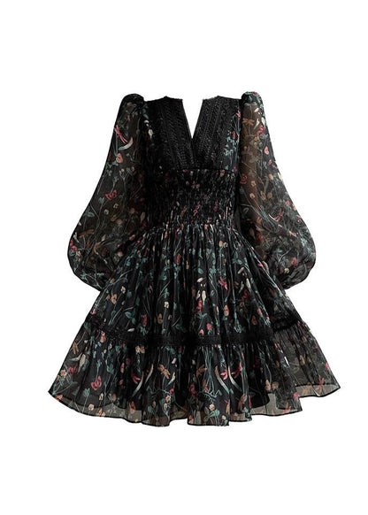 Women Black V Neck Print Lace Patchwork Chiffon Short Dress Long Sleeve XX094