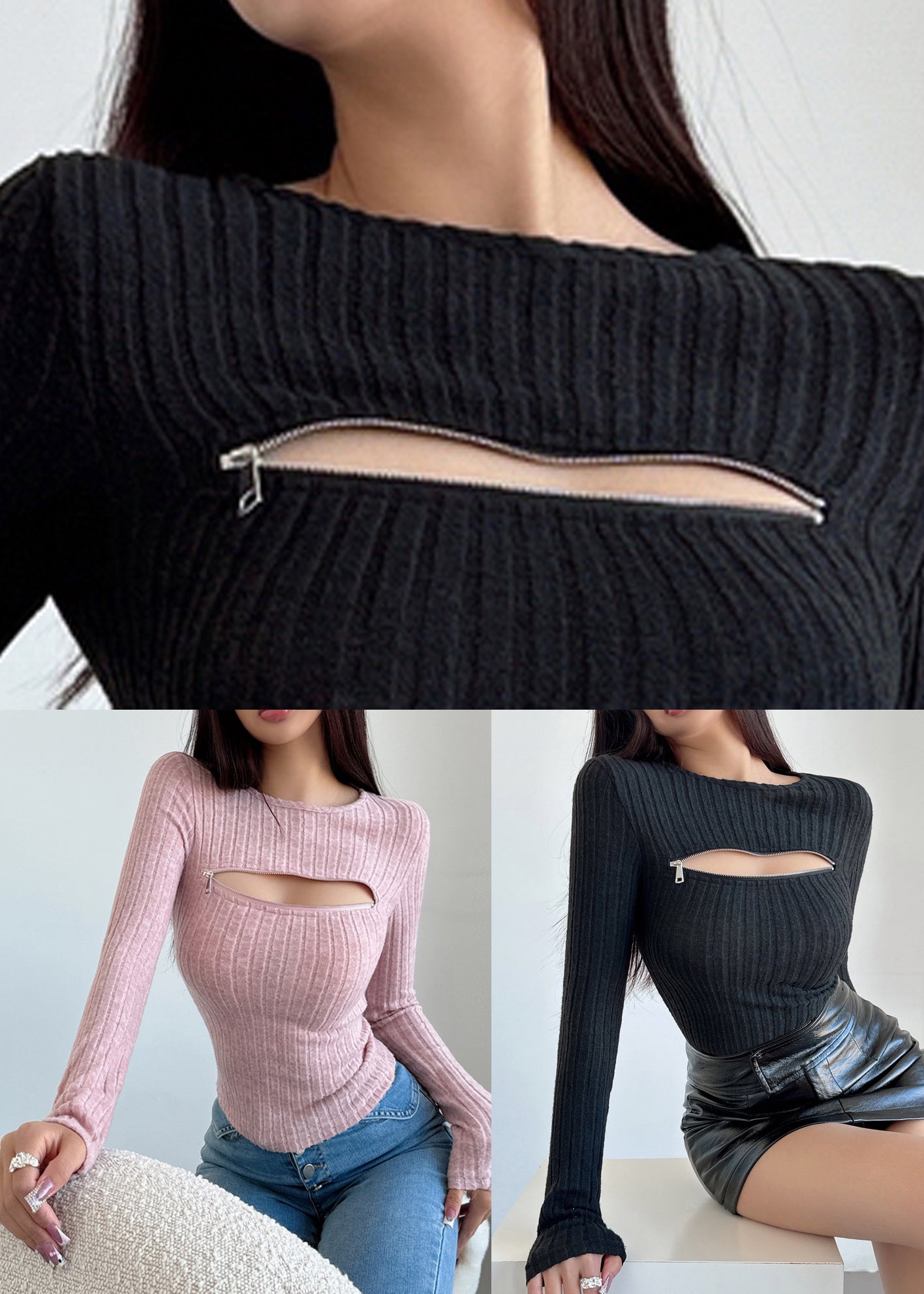 Pulls en tricot uni à fermeture éclair noirs pour femmes Automne AL1053