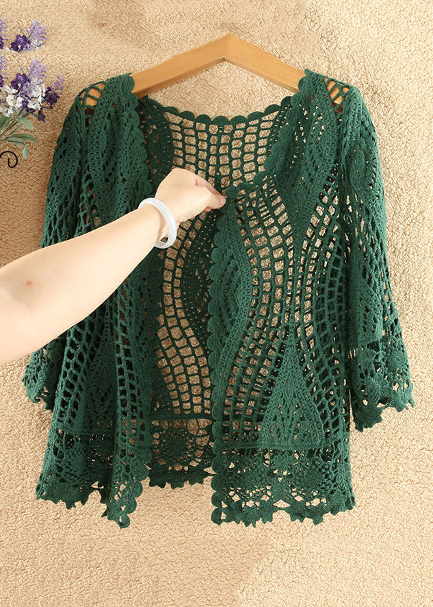 Women Blackish Green Solid Hollow Out Cotton Knit Cardigan Summer Ada Fashion