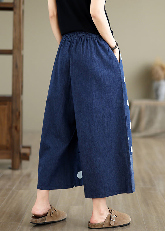 Women Blue Asymmetrical Patchwork Dot Print Pockets Wide Leg Pants Summer AP065