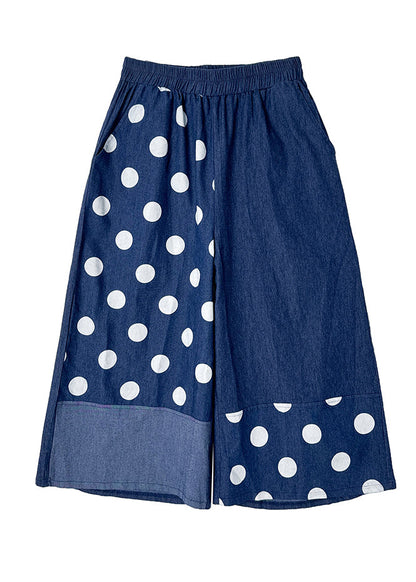 Women Blue Asymmetrical Patchwork Dot Print Pockets Wide Leg Pants Summer AP065