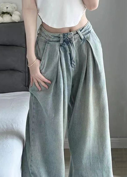 Women Blue Button Pockets High Waist Denim Pants Summer KK008