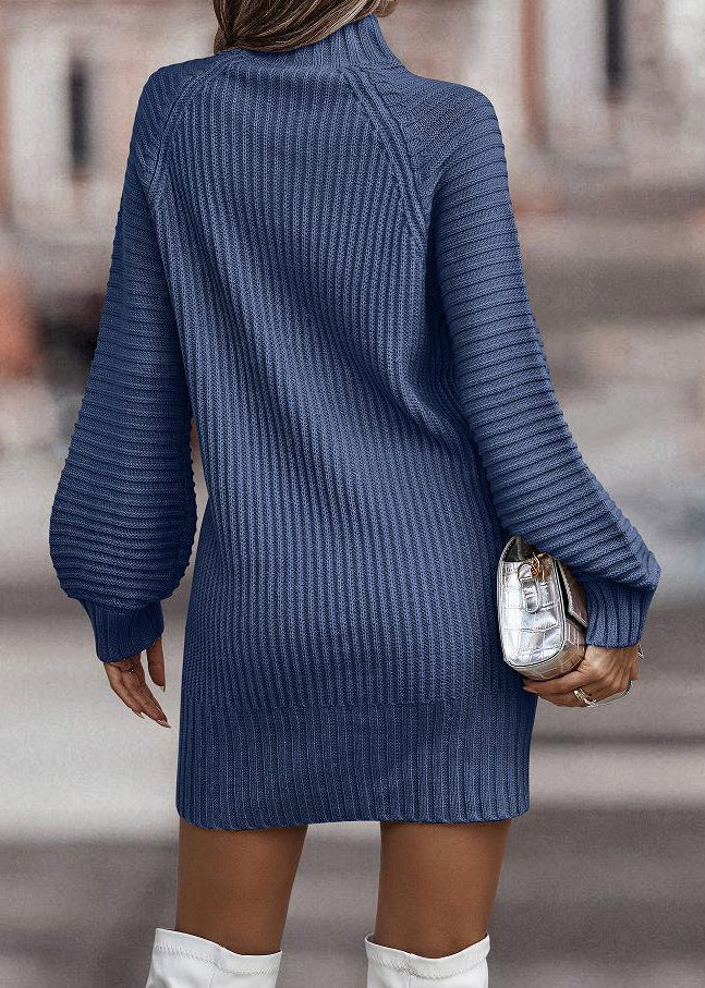 Women Blue Cozy Solid Knit Sweaters Dress Fall QA018