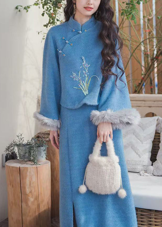 Women Blue Fur Collar Tops And Skirts Cotton Filled Two Pieces Set Winter RH030