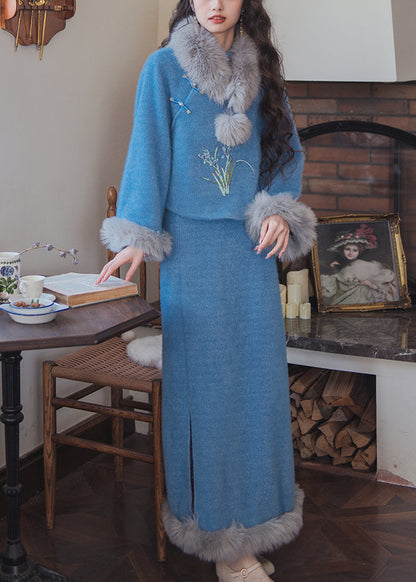 Women Blue Fur Collar Tops And Skirts Cotton Filled Two Pieces Set Winter RH030