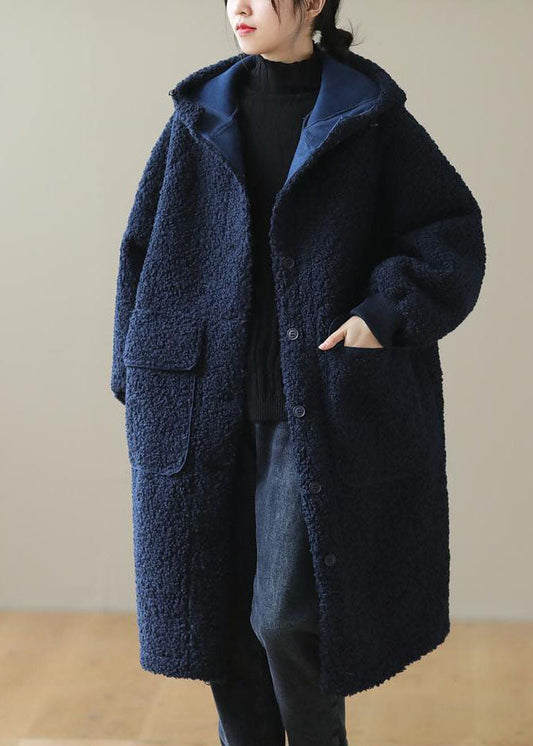 Women Blue Hooded Button Faux Fur Winter Coat QD009