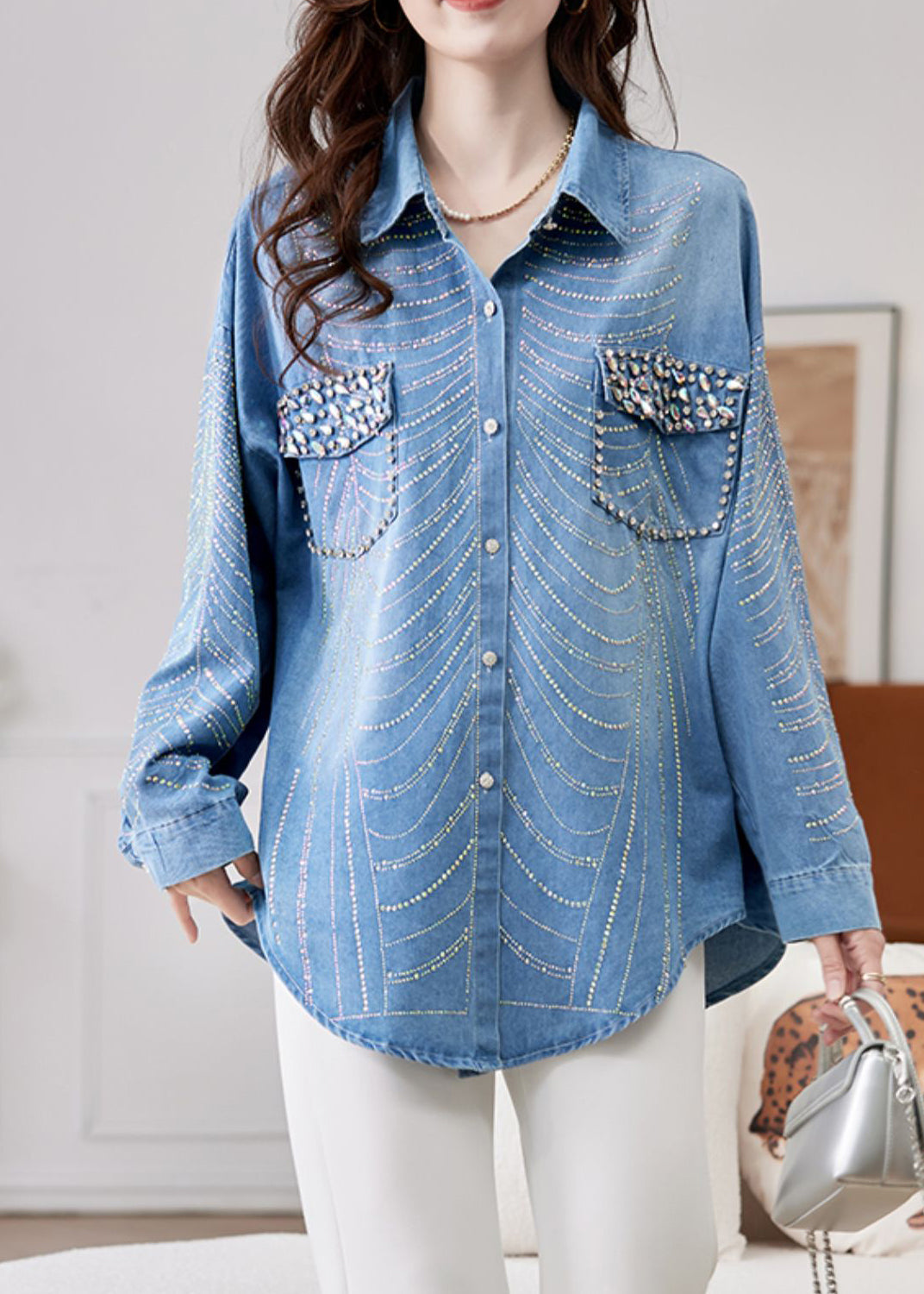 Spring Bead Button Women Zircon Denim Shirts Nail Blue