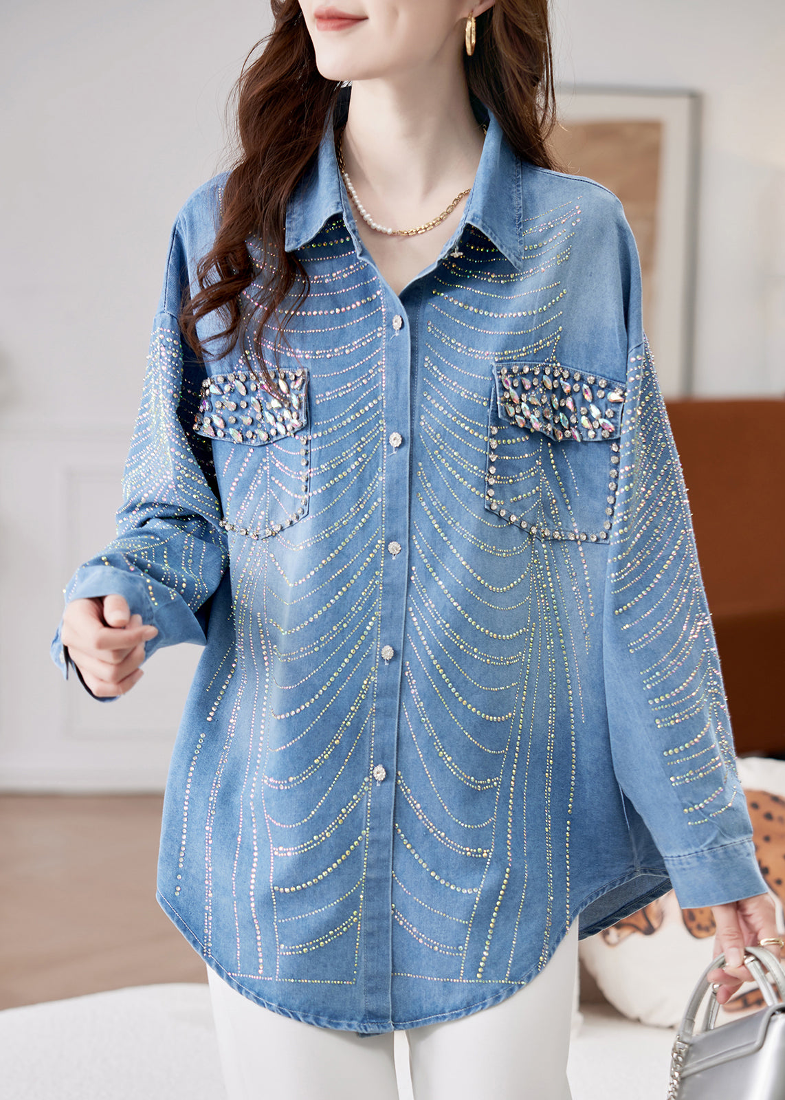 Spring Bead Button Women Zircon Denim Shirts Nail Blue
