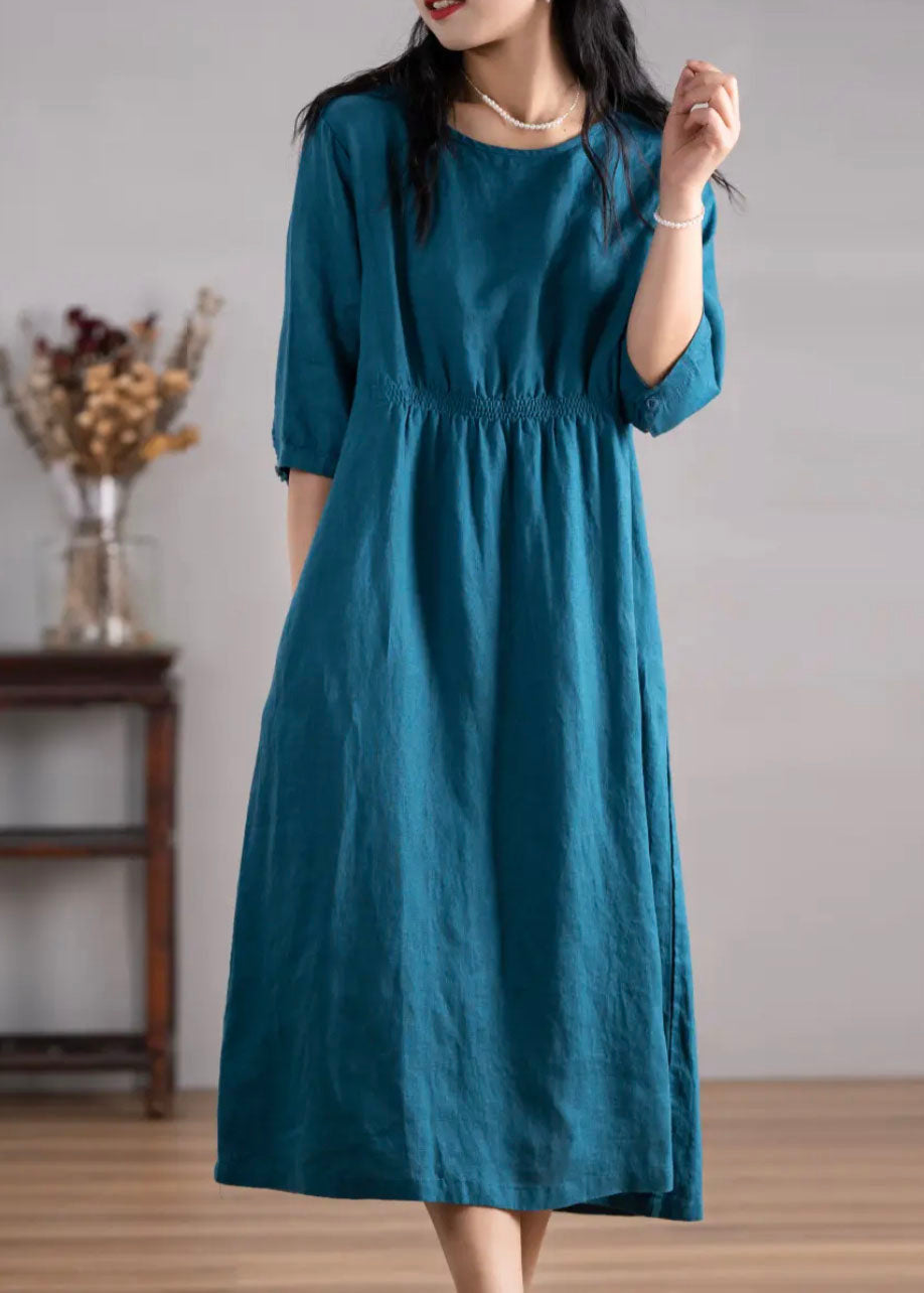 Robe d'été en lin froissé bleu à col rond et poches pour femmes AP049