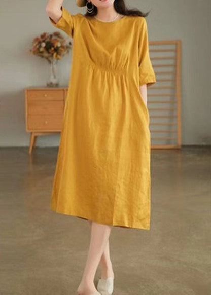 Women Blue O Neck Pockets Wrinkled Linen Dresses Summer AP049