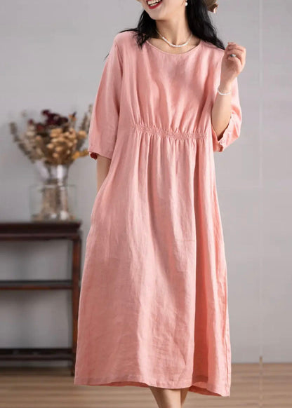 Women Blue O Neck Pockets Wrinkled Linen Dresses Summer AP049