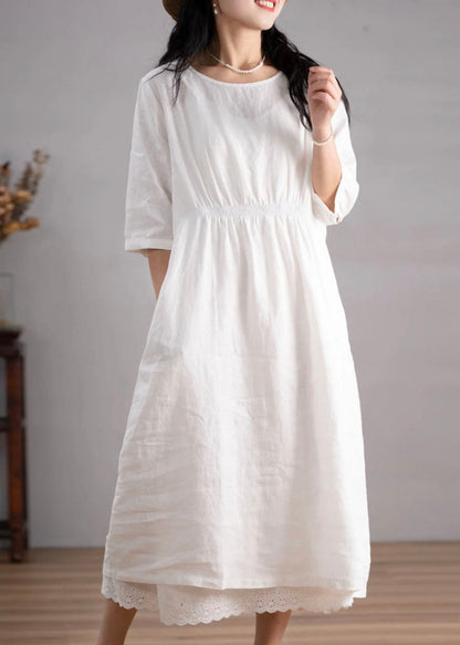 Women Blue O Neck Pockets Wrinkled Linen Dresses Summer AP049