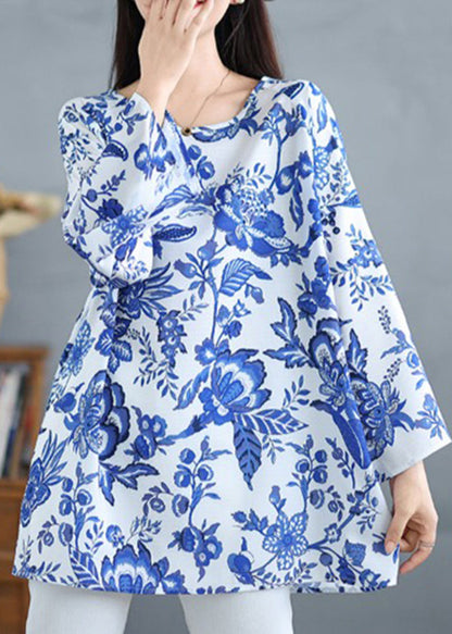 Women Blue O Neck Print Plus Size Cotton Tops Fall OO037