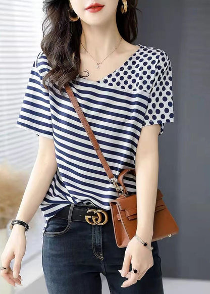 Women Blue O Neck Striped Dot Patchwork Silk Top Summer BV076