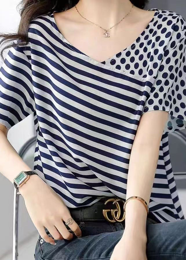 Frauen Blau O Neck Striped Dot Patchwork Seide Top Sommer BV076