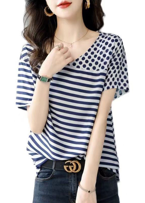 Frauen Blau O Neck Striped Dot Patchwork Seide Top Sommer BV076