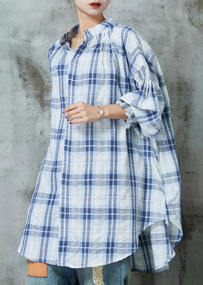 Women Blue Oversized Plaid Cotton Blouses Lantern Sleeve Ada Fashion