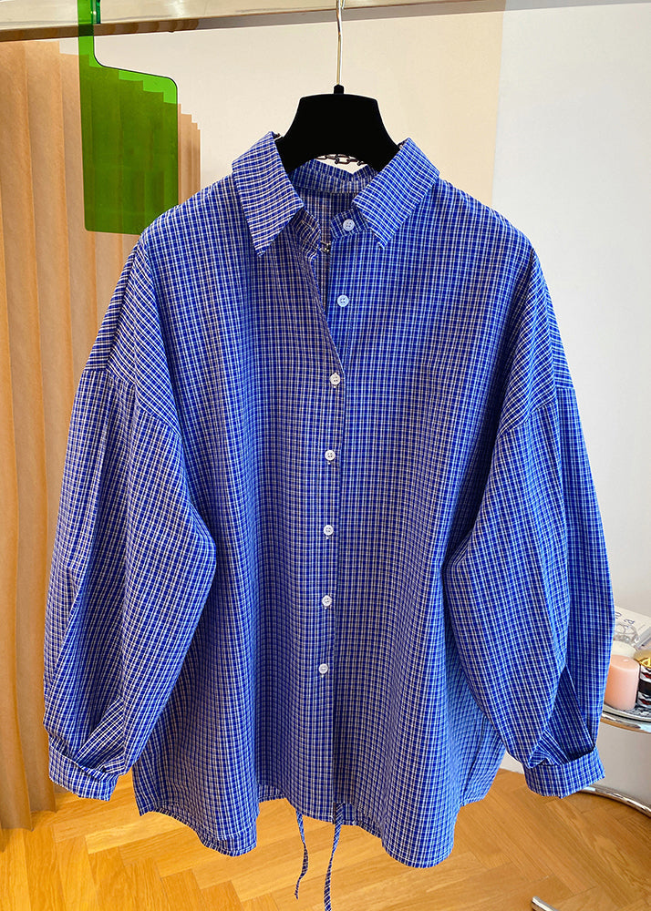 Women Blue Peter Pan Collar Plaid Cotton Shirts Top Fall WN040