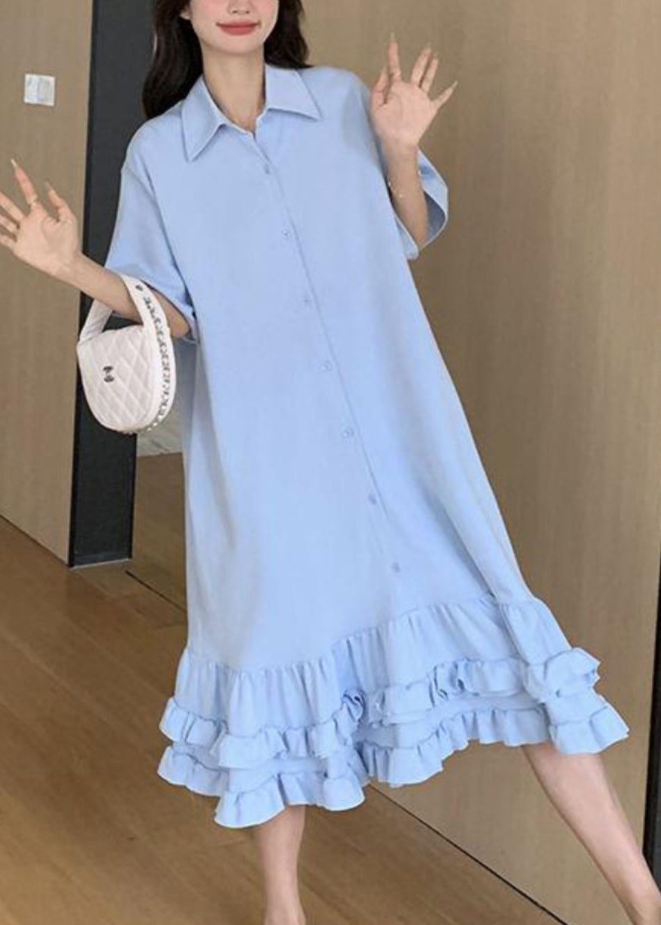 Robe longue Peter bleue courte à volants et col Pan pour femme, patchwork