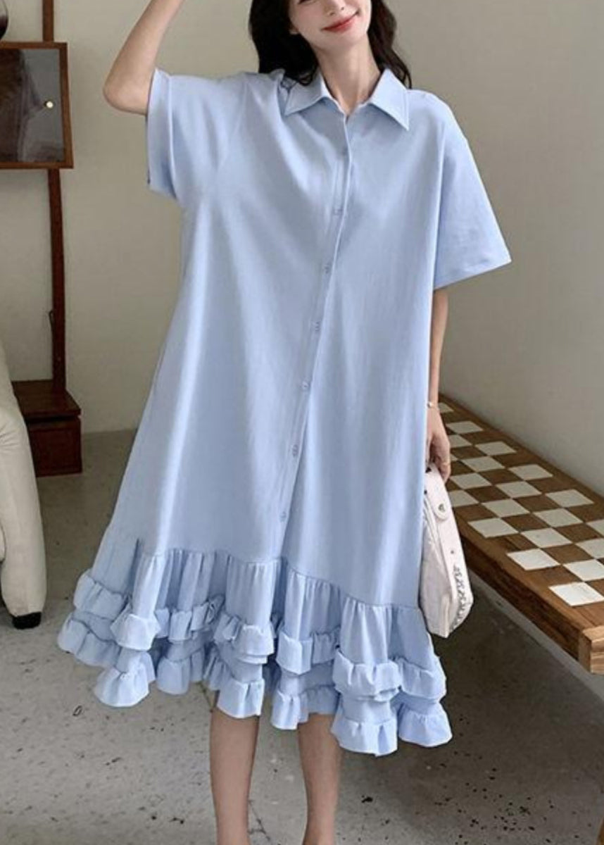Robe longue Peter bleue courte à volants et col Pan pour femme, patchwork