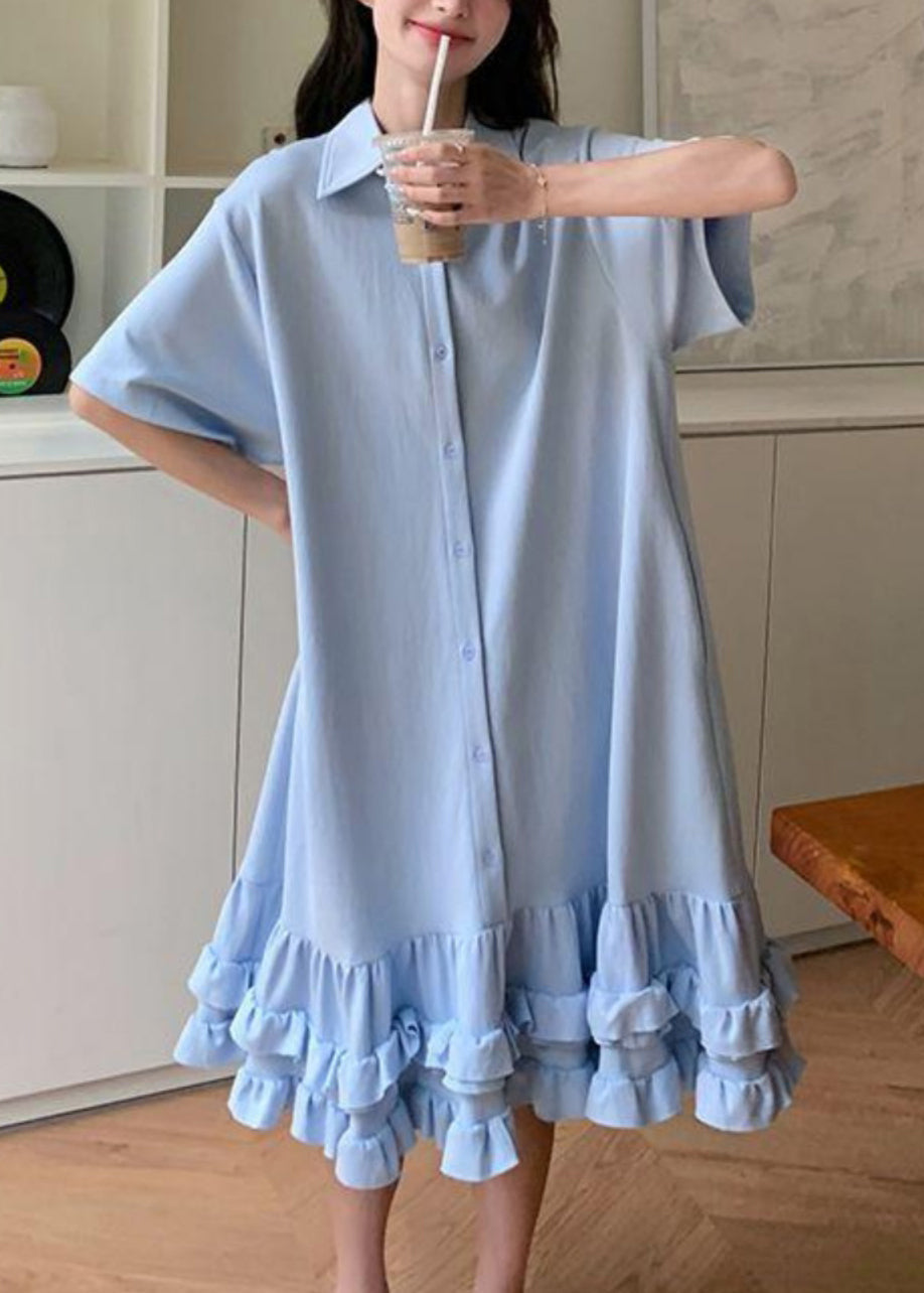Robe longue Peter bleue courte à volants et col Pan pour femme, patchwork