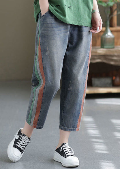 Women Blue Pockets Elastic Waist Denim Crop Pants Summer BV081