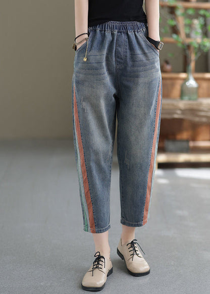 Women Blue Pockets Elastic Waist Denim Crop Pants Summer BV081