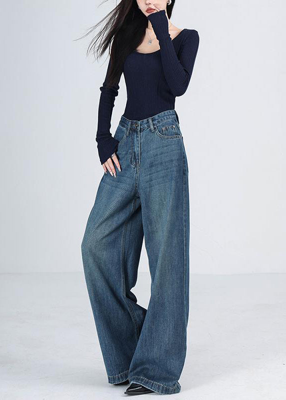 Women Blue Pockets High Waist Denim Wide Leg Pants Winter RS041