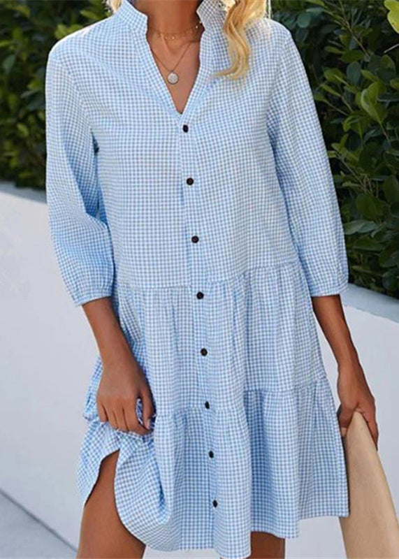 Plaid Mid Blue Button Fall Collar Dress Stand Women Shirts