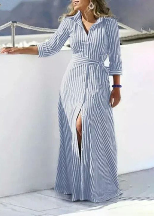 Chemise d'été bleue pour femme, taille rayée, cravate en coton