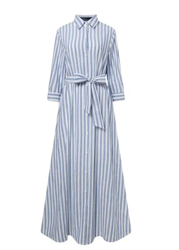 Chemise d'été bleue pour femme, taille rayée, cravate en coton