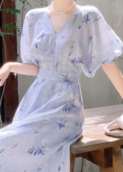 Women Blue V Neck Print Cotton Long Dress Summer KJ006