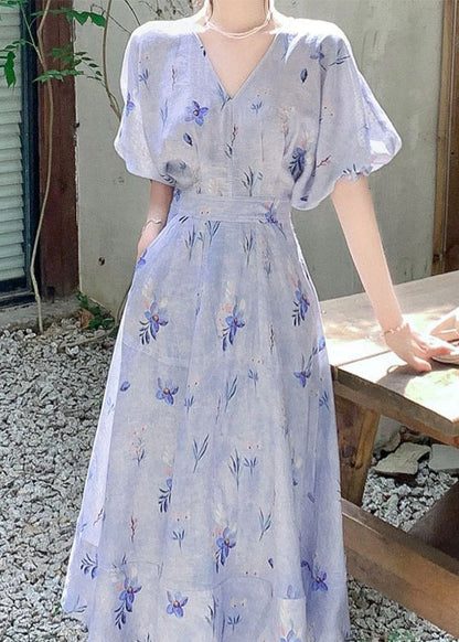 Women Blue V Neck Print Cotton Long Dress Summer KJ006