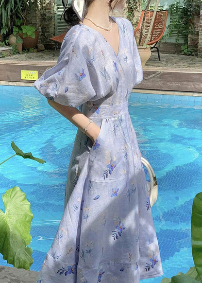 Women Blue V Neck Print Cotton Long Dress Summer KJ006