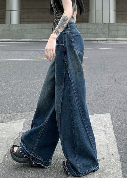 Women Blue Zip Up Pockets Denim Wide Leg Pants Summer PP017