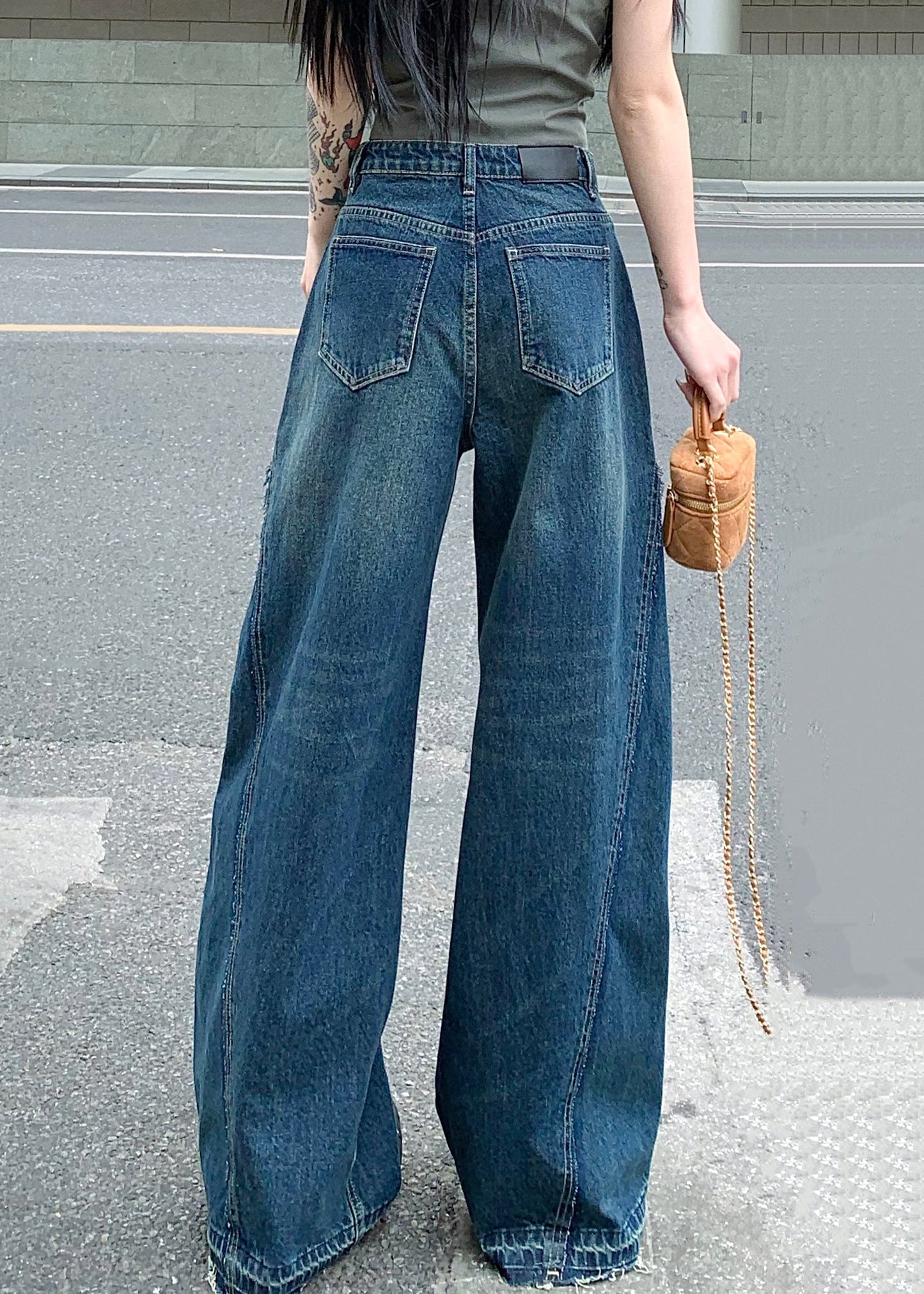 Women Blue Zip Up Pockets Denim Wide Leg Pants Summer PP017