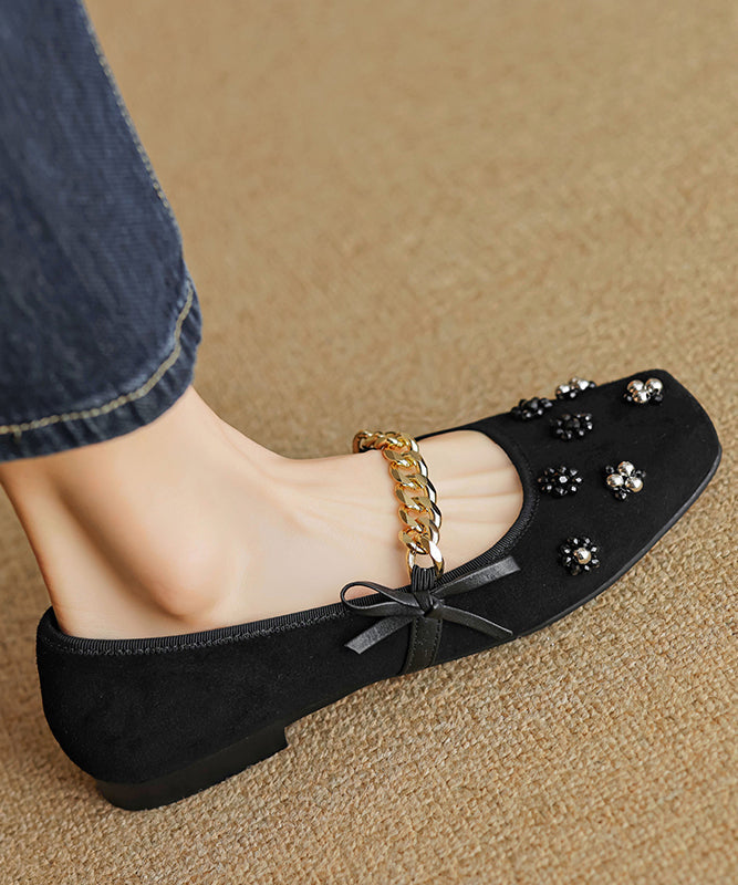 Women Bow Nail Bead Flat Feet Shoes Black Suede AP1056