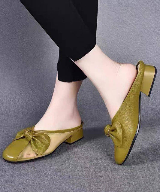 Sandales à nœud en cuir de vache épais jaune pour femmes avec épissure en tulle