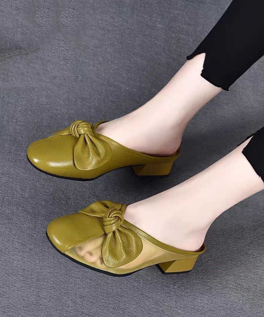 Chunky Leder Rindsleder Bogen Slide Gelb Frauen Tüll Spleißen
